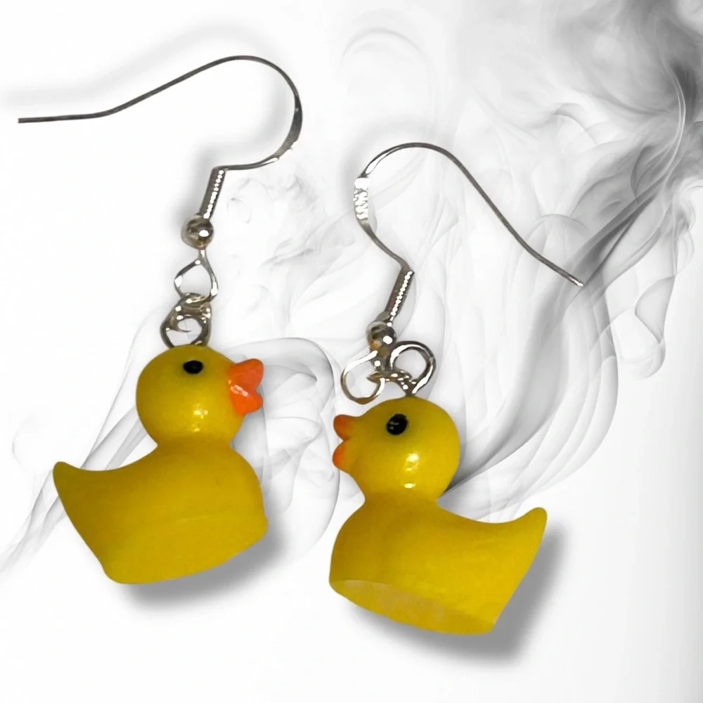Hand Crafted Earrings Ducks Yellow Orange Resin Dangle Long Pierced - Picture 4 of 8